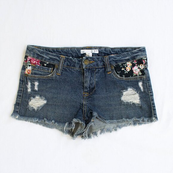 2.1 Denim Cut Off Jean Shorts - Floral Fabric Distressed Denim - Picture 1 of 5